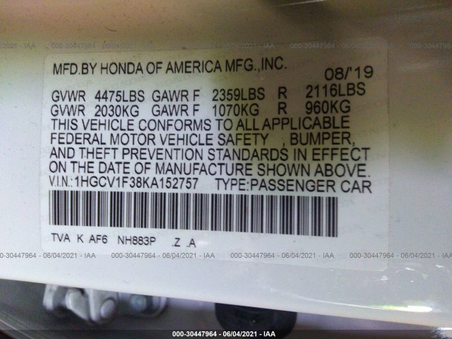 Photo 8 VIN: 1HGCV1F38KA152757 - HONDA ACCORD SEDAN 