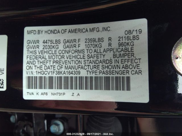 Photo 8 VIN: 1HGCV1F38KA164309 - HONDA ACCORD SEDAN 