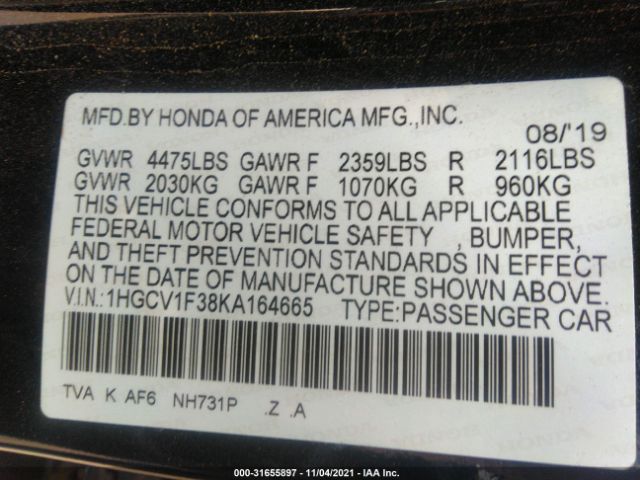 Photo 8 VIN: 1HGCV1F38KA164665 - HONDA ACCORD SEDAN 