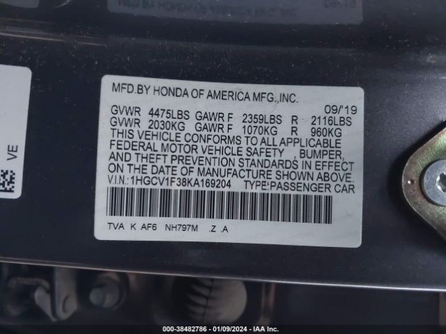 Photo 8 VIN: 1HGCV1F38KA169204 - HONDA ACCORD 