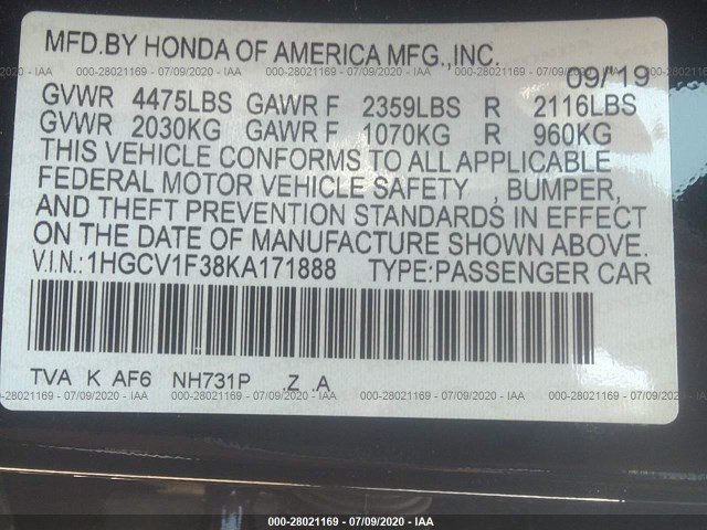 Photo 8 VIN: 1HGCV1F38KA171888 - HONDA ACCORD SEDAN 