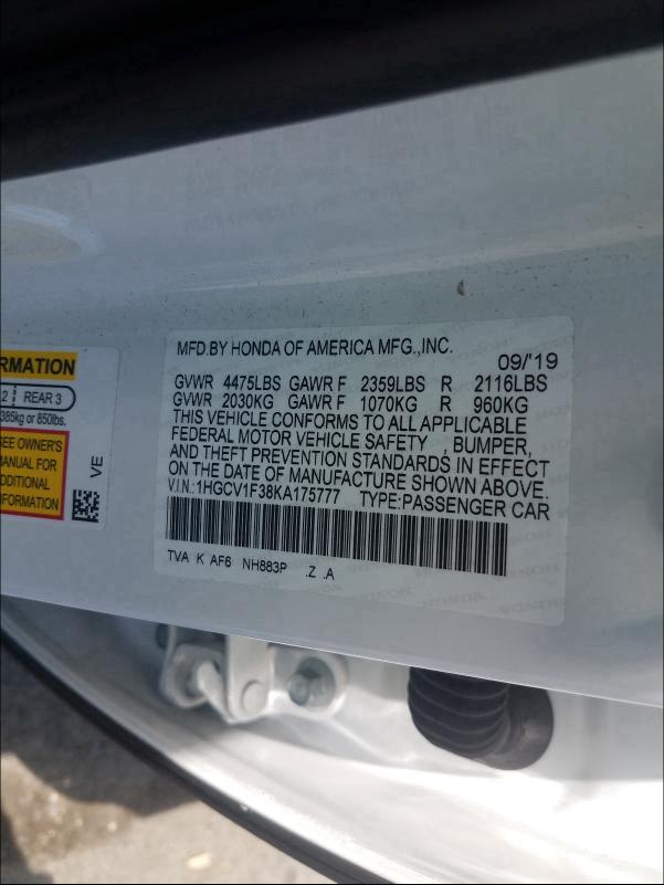 Photo 9 VIN: 1HGCV1F38KA175777 - HONDA ACCORD SPO 