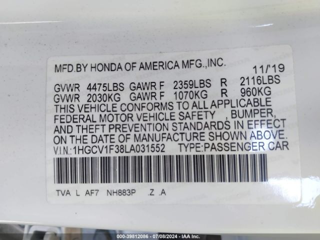 Photo 8 VIN: 1HGCV1F38LA031552 - HONDA ACCORD 