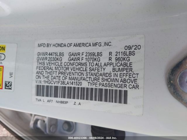 Photo 8 VIN: 1HGCV1F38LA141520 - HONDA ACCORD 