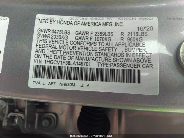 Photo 8 VIN: 1HGCV1F38LA149701 - HONDA ACCORD SEDAN 