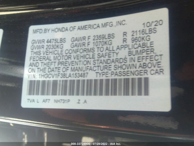 Photo 8 VIN: 1HGCV1F38LA153487 - HONDA ACCORD SEDAN 