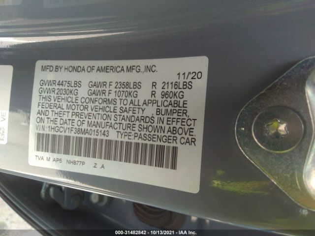 Photo 8 VIN: 1HGCV1F38MA015143 - HONDA ACCORD SEDAN 