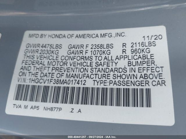 Photo 8 VIN: 1HGCV1F38MA017412 - HONDA ACCORD 