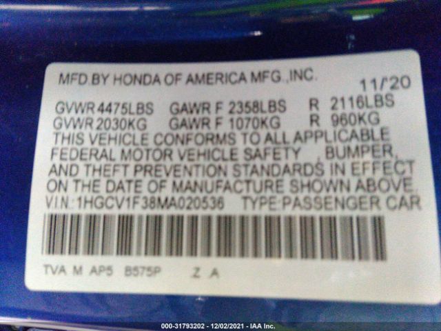 Photo 8 VIN: 1HGCV1F38MA020536 - HONDA ACCORD SEDAN 