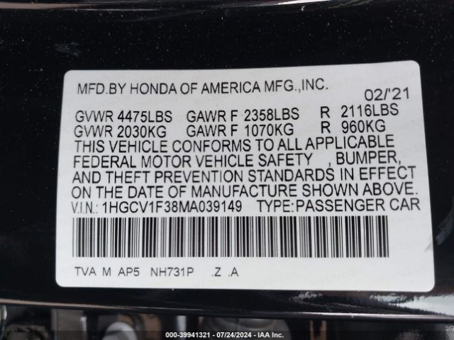 Photo 8 VIN: 1HGCV1F38MA039149 - HONDA ACCORD 