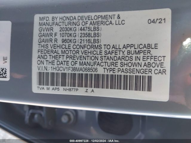 Photo 8 VIN: 1HGCV1F38MA068506 - HONDA ACCORD 