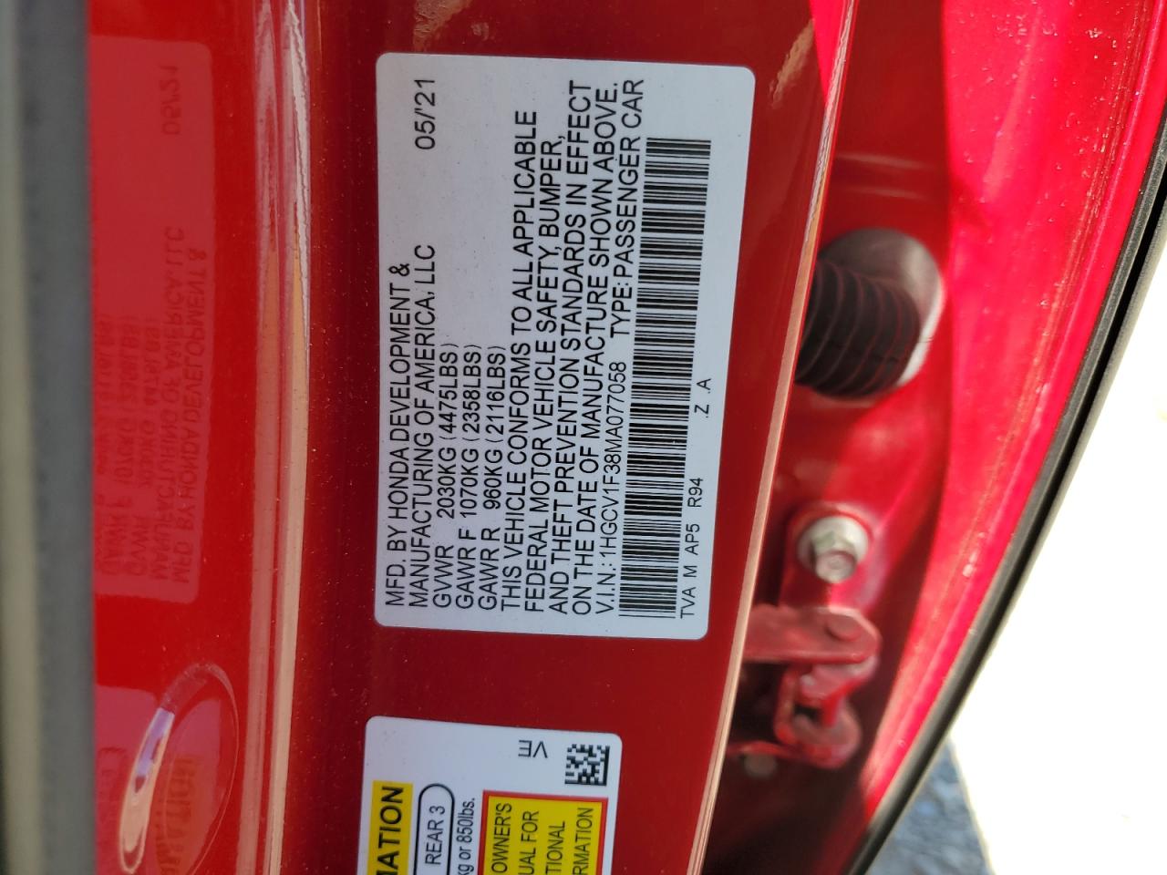 Photo 11 VIN: 1HGCV1F38MA077058 - HONDA ACCORD 