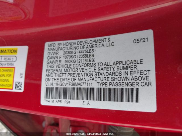 Photo 8 VIN: 1HGCV1F38MA077111 - HONDA ACCORD 