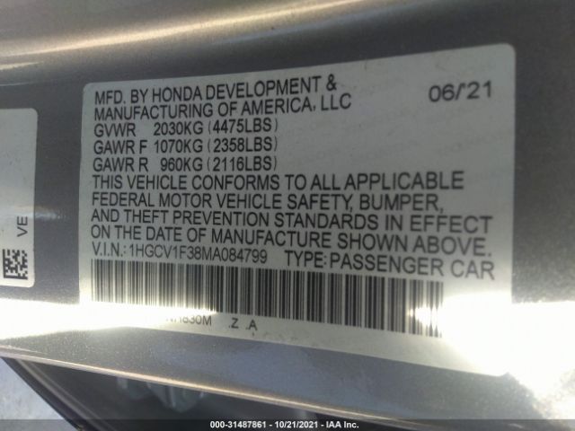 Photo 8 VIN: 1HGCV1F38MA084799 - HONDA ACCORD SEDAN 