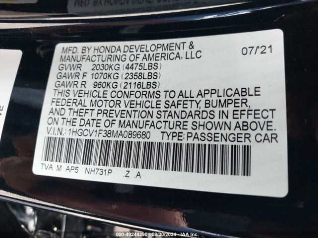 Photo 8 VIN: 1HGCV1F38MA089680 - HONDA ACCORD 