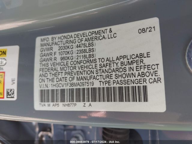 Photo 8 VIN: 1HGCV1F38MA097519 - HONDA ACCORD 