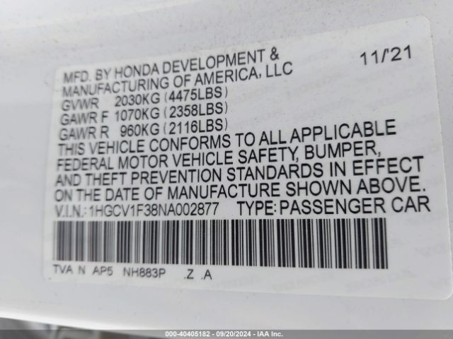 Photo 8 VIN: 1HGCV1F38NA002877 - HONDA ACCORD 