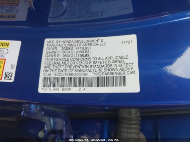 Photo 8 VIN: 1HGCV1F38NA005164 - HONDA ACCORD 