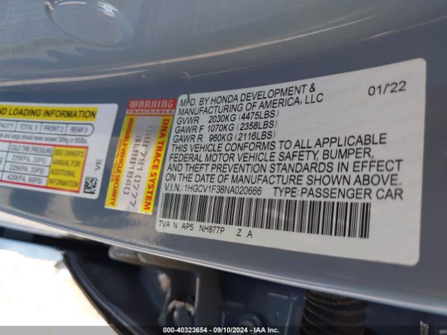 Photo 8 VIN: 1HGCV1F38NA020666 - HONDA ACCORD 