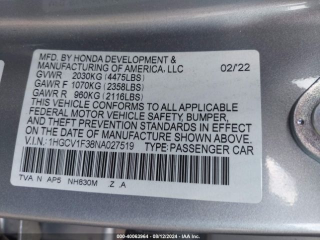 Photo 8 VIN: 1HGCV1F38NA027519 - HONDA ACCORD 