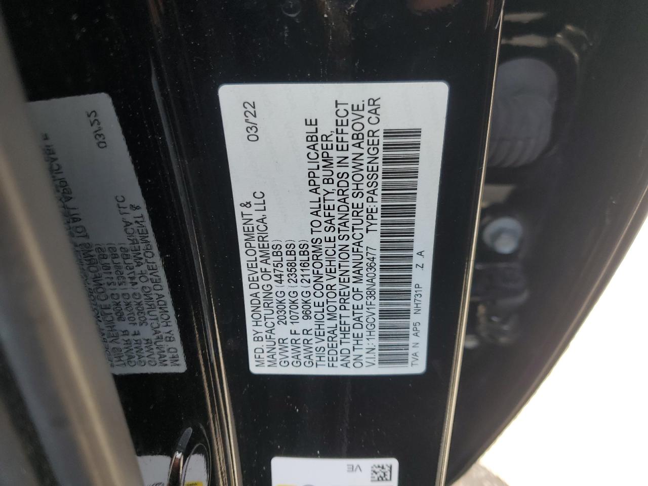 Photo 11 VIN: 1HGCV1F38NA036477 - HONDA ACCORD 