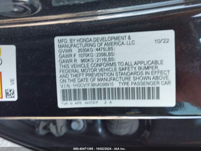 Photo 8 VIN: 1HGCV1F38NA098915 - HONDA ACCORD 