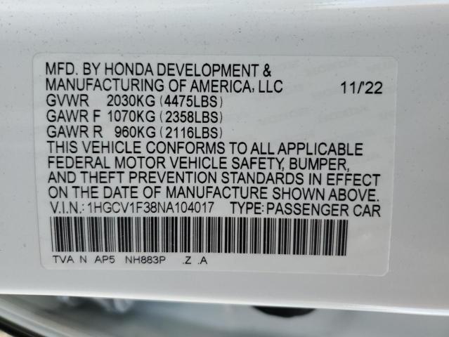 Photo 11 VIN: 1HGCV1F38NA104017 - HONDA ACCORD SPO 