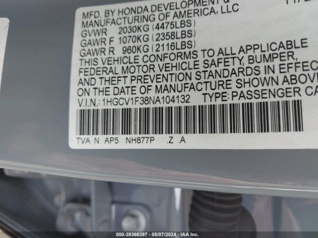 Photo 8 VIN: 1HGCV1F38NA104132 - HONDA ACCORD 