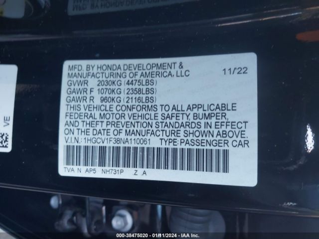 Photo 8 VIN: 1HGCV1F38NA110061 - HONDA ACCORD 