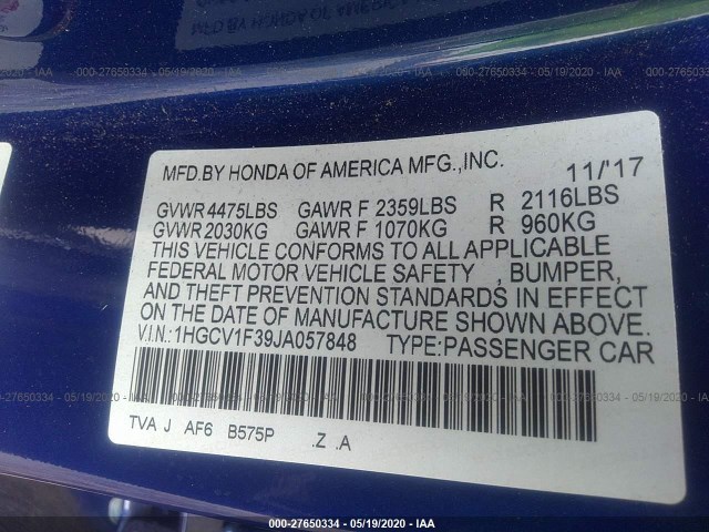 Photo 8 VIN: 1HGCV1F39JA057848 - HONDA ACCORD SEDAN 