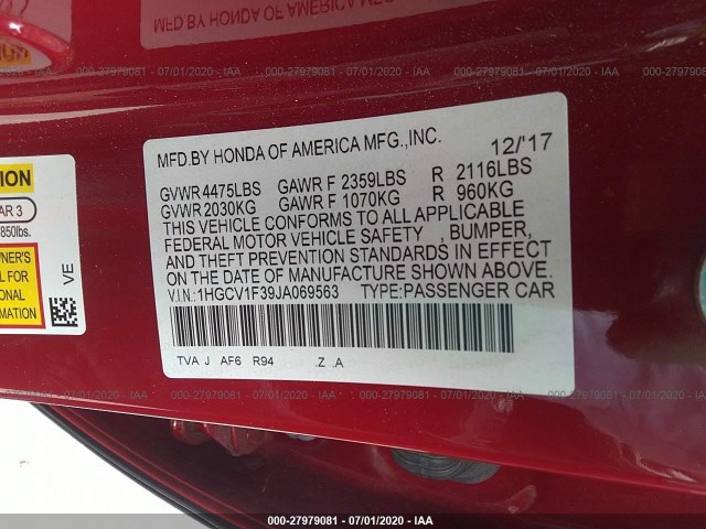 Photo 8 VIN: 1HGCV1F39JA069563 - HONDA ACCORD SEDAN 