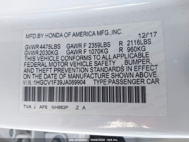 Photo 8 VIN: 1HGCV1F39JA069904 - HONDA ACCORD 