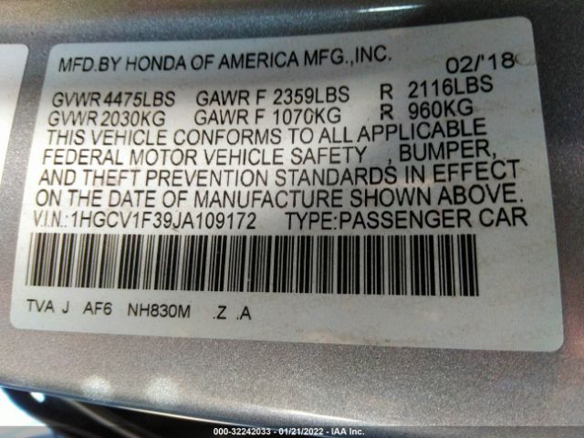 Photo 8 VIN: 1HGCV1F39JA109172 - HONDA ACCORD SEDAN 