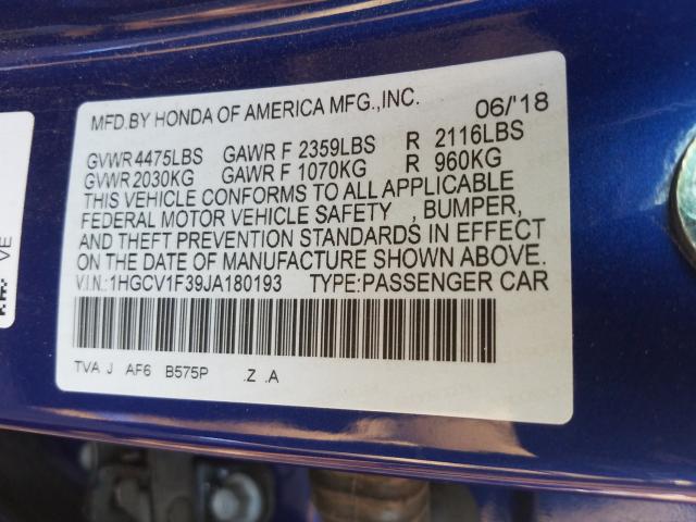 Photo 9 VIN: 1HGCV1F39JA180193 - HONDA ACCORD SPO 