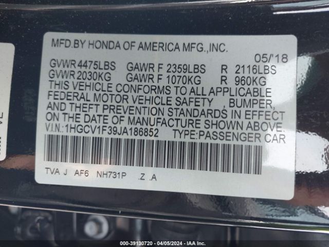 Photo 8 VIN: 1HGCV1F39JA186852 - HONDA ACCORD 