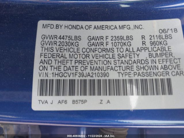 Photo 8 VIN: 1HGCV1F39JA210390 - HONDA ACCORD 