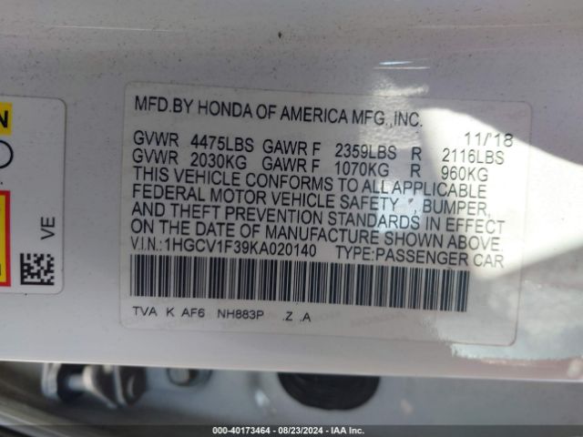 Photo 8 VIN: 1HGCV1F39KA020140 - HONDA ACCORD 