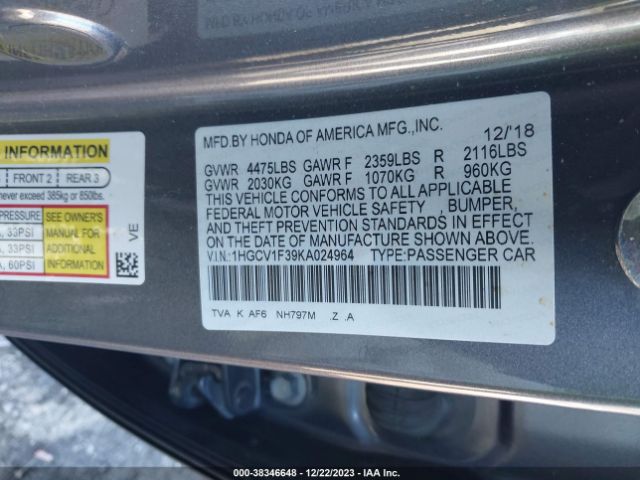 Photo 8 VIN: 1HGCV1F39KA024964 - HONDA ACCORD 