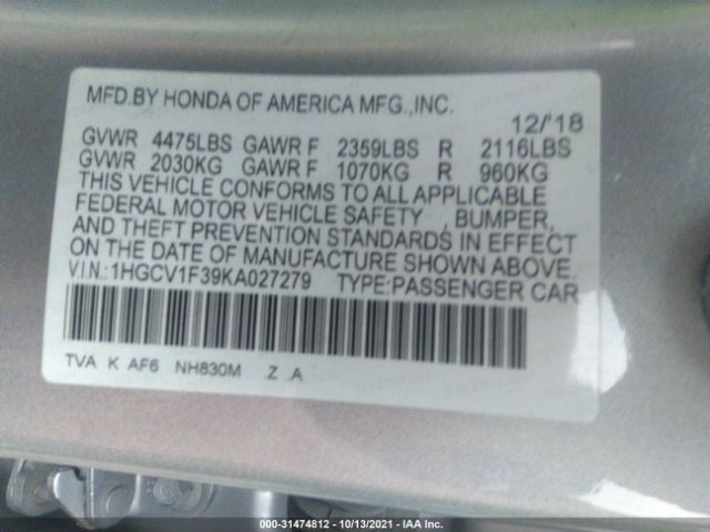 Photo 8 VIN: 1HGCV1F39KA027279 - HONDA ACCORD SEDAN 