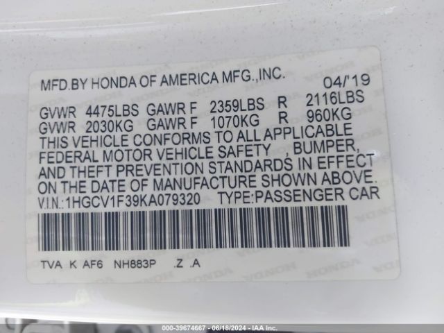 Photo 8 VIN: 1HGCV1F39KA079320 - HONDA ACCORD 