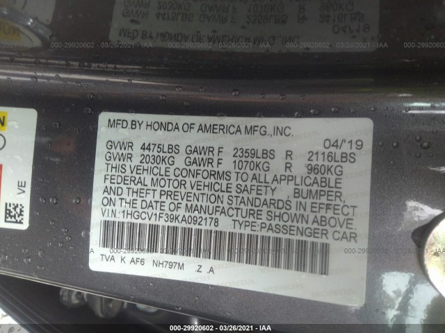 Photo 8 VIN: 1HGCV1F39KA092178 - HONDA ACCORD SEDAN 