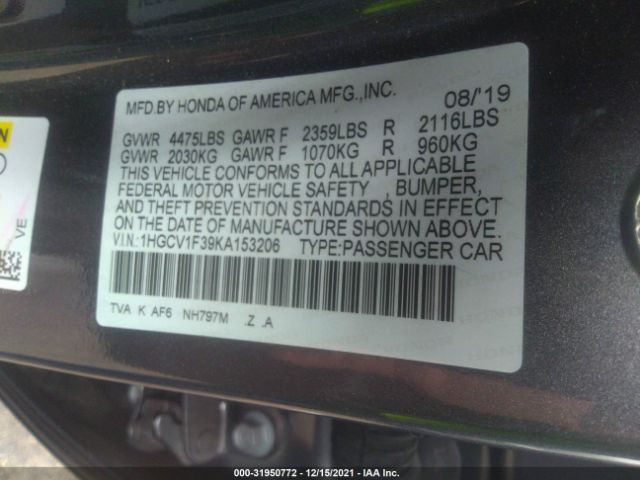 Photo 8 VIN: 1HGCV1F39KA153206 - HONDA ACCORD SEDAN 