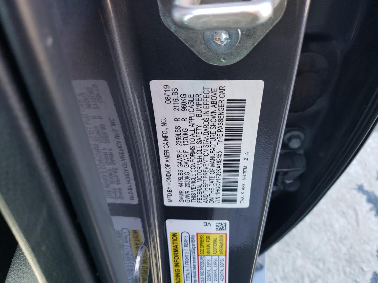 Photo 11 VIN: 1HGCV1F39KA162455 - HONDA ACCORD 