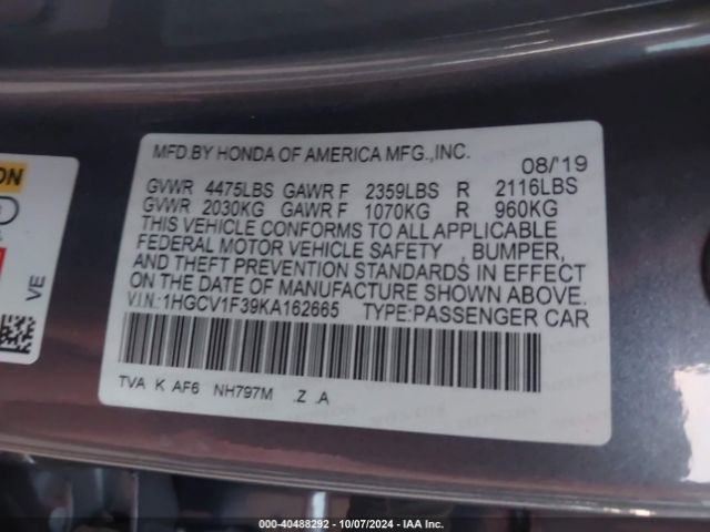 Photo 8 VIN: 1HGCV1F39KA162665 - HONDA ACCORD 