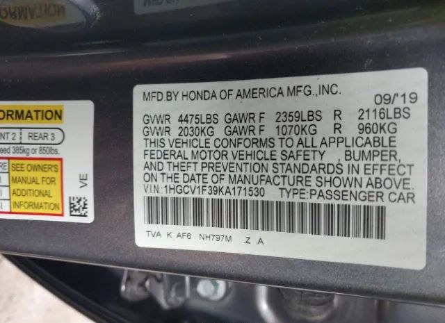 Photo 8 VIN: 1HGCV1F39KA171530 - HONDA ACCORD 