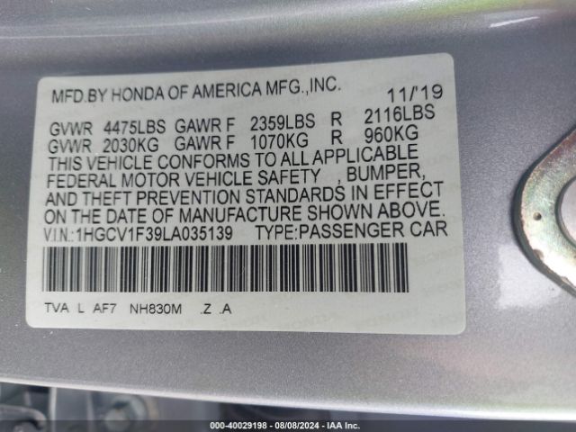 Photo 8 VIN: 1HGCV1F39LA035139 - HONDA ACCORD 