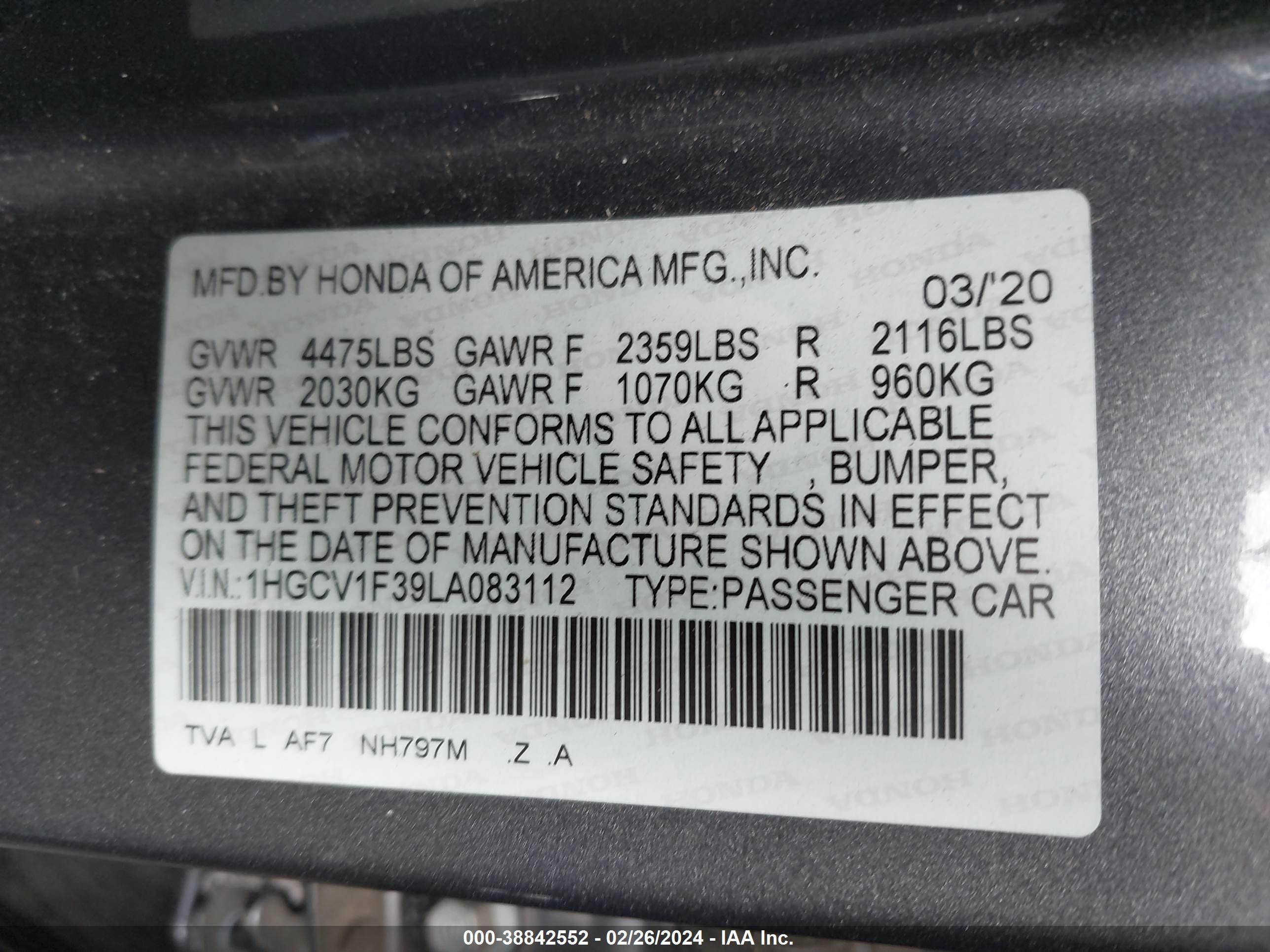 Photo 8 VIN: 1HGCV1F39LA083112 - HONDA ACCORD 