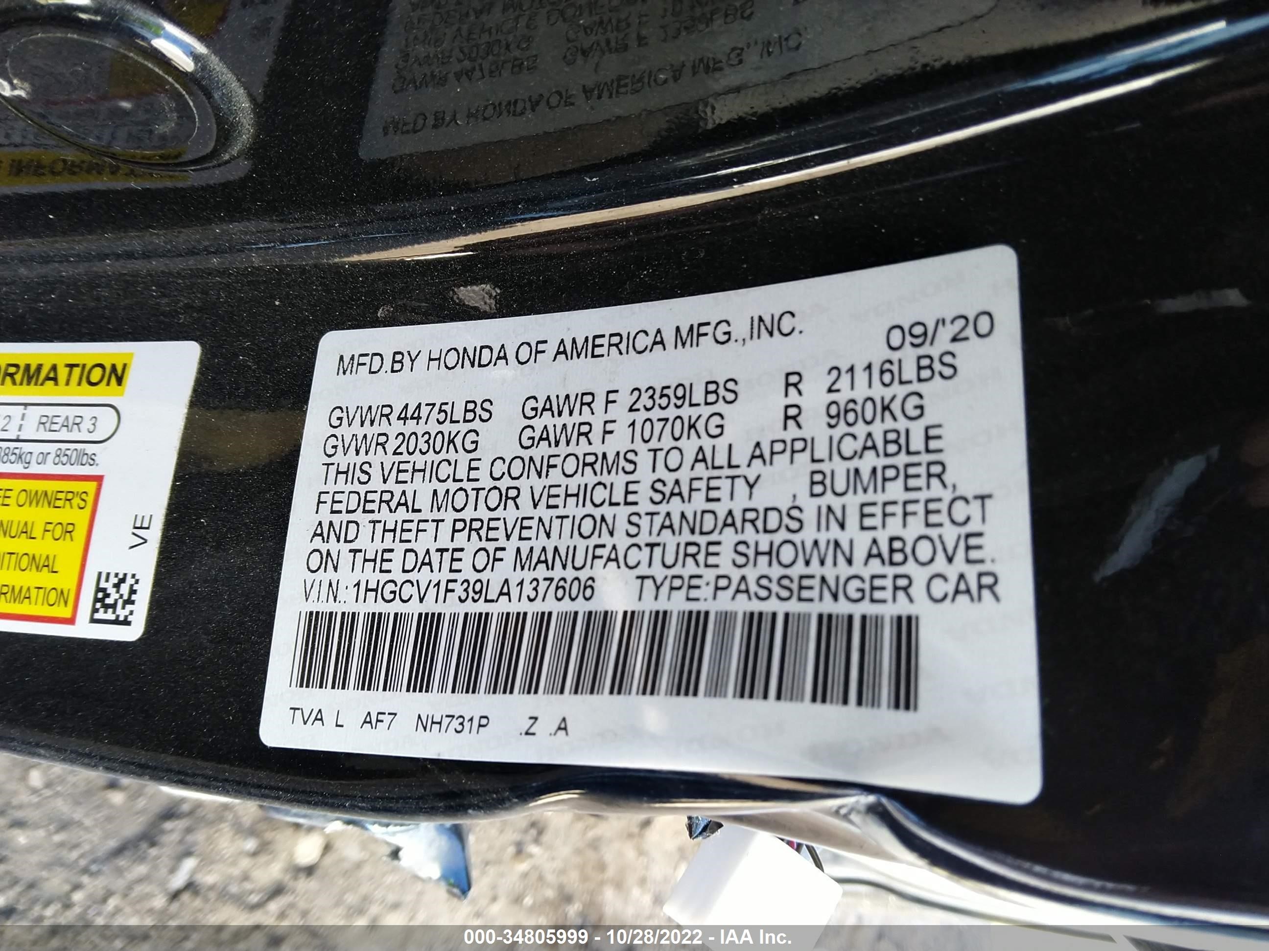 Photo 8 VIN: 1HGCV1F39LA137606 - HONDA ACCORD 