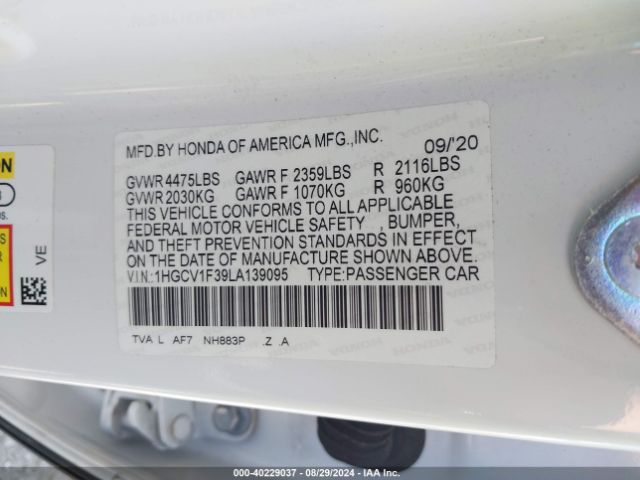 Photo 8 VIN: 1HGCV1F39LA139095 - HONDA ACCORD 