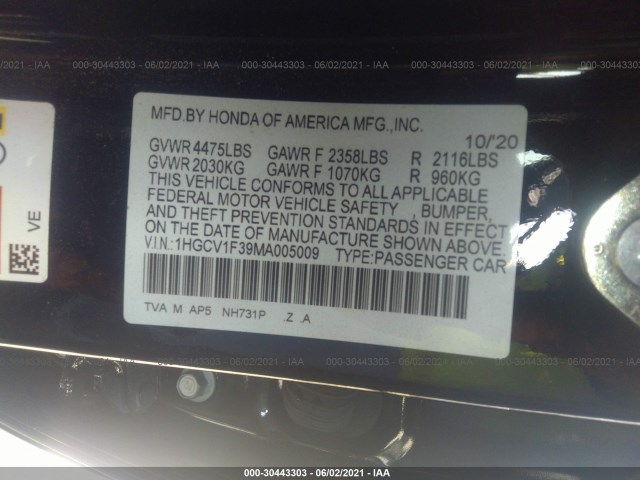 Photo 8 VIN: 1HGCV1F39MA005009 - HONDA ACCORD SEDAN 